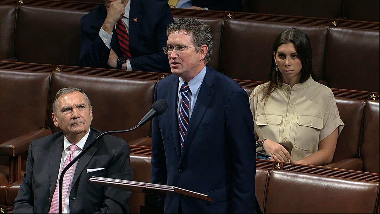 Rep. Thomas Massie, R-Ky., speaks on the floor of the House of Representatives in March 2020.