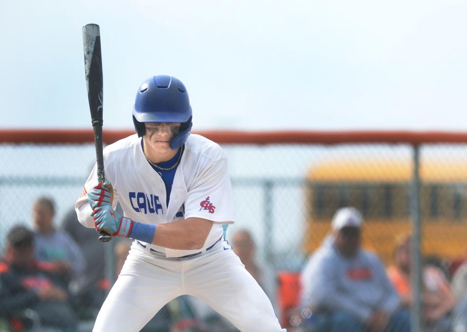 Carlinville's Liam Tieman bats during the game against Gillespie Tuesday, April 25, 2023.