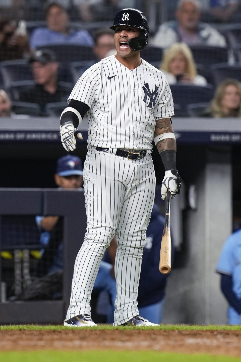 New York Yankees' Gleyber Torres yells to the home plate umpire during the sixth inning of the team's baseball game against the Toronto Blue Jays on Tuesday, Sept. 19, 2023, in New York. (AP Photo/Bryan Woolston)