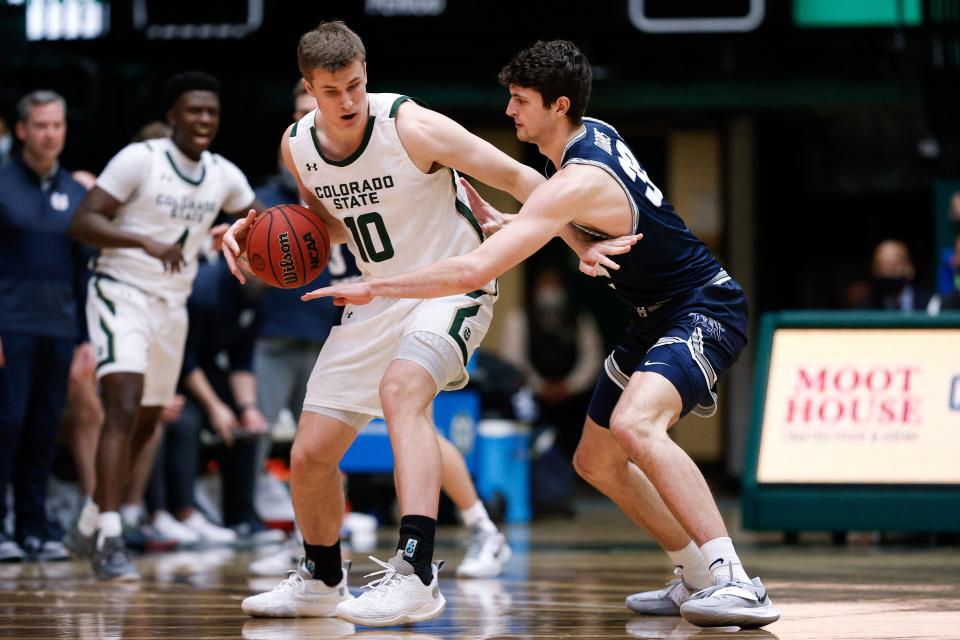 Colorado State forward James Moors (10) controls the ball as Utah State's Trevin Dorius (32) defends during a Jan. 2022 game at Moby Arena in Fort Collins.