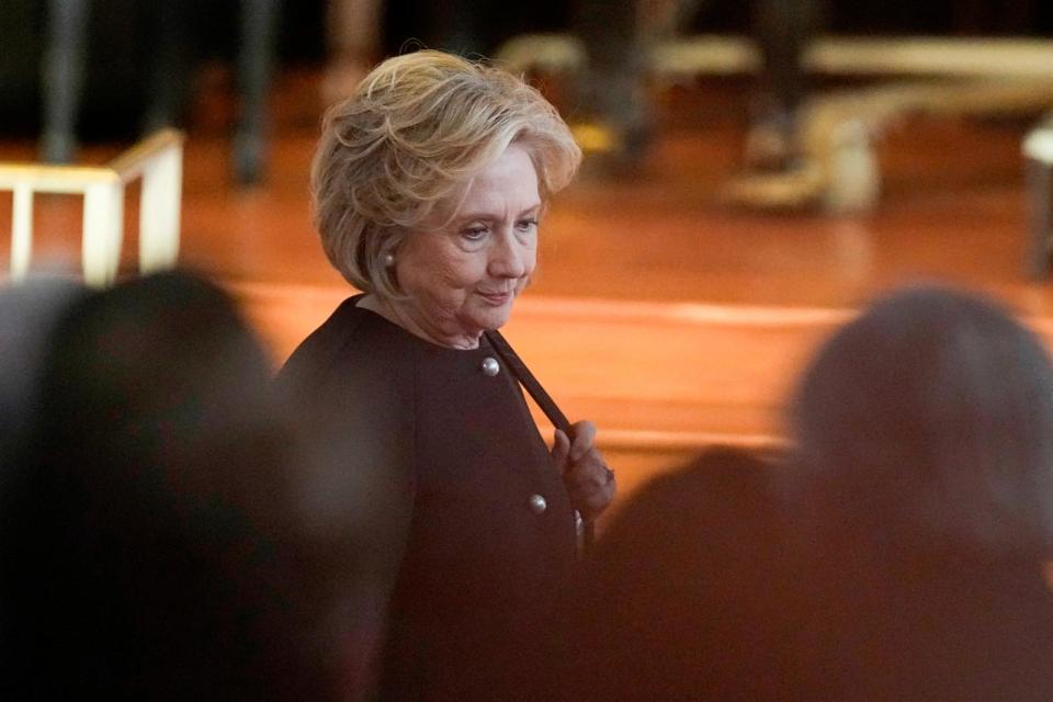 PHOTO: Former Secretary of State and first lady Hillary Clinton arrives for a memorial service for former first lady Rosalynn Carter at Glenn Memorial United Methodist Church at Emory University, Nov. 28, 2023, in Atlanta. ( Brynn Anderson-Pool/Getty Images)
