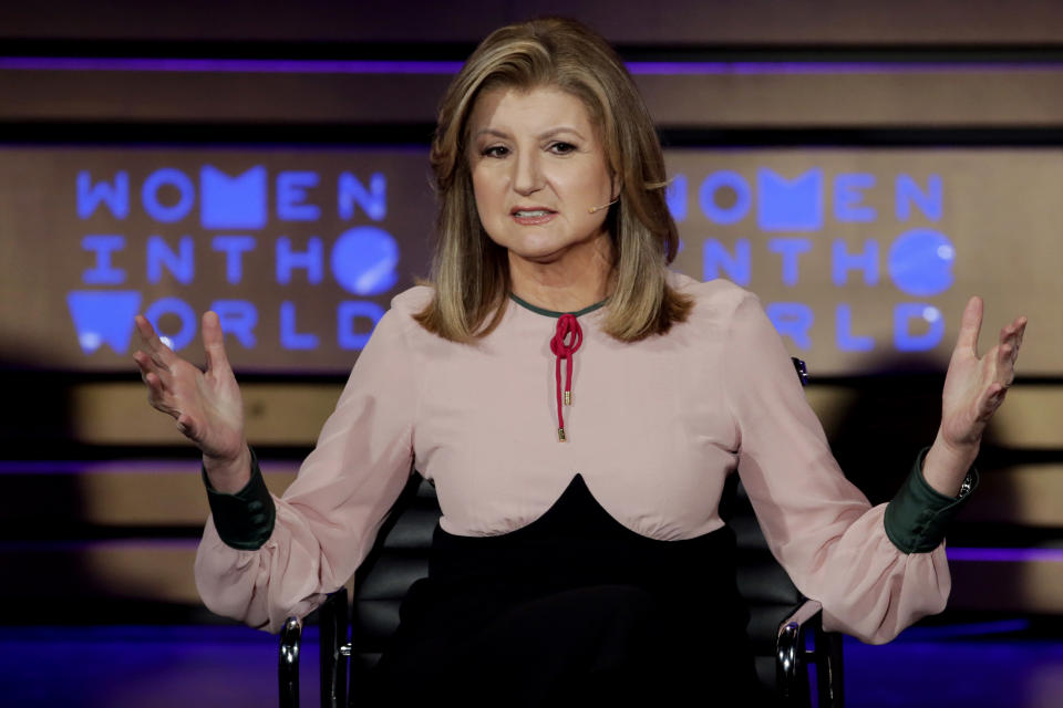 Thrive Global Founder and CEO Arianna Huffington speaks during the Women in the World Summit at Lincoln Center in New York, Thursday, April 6, 2017. (AP Photo/Richard Drew)