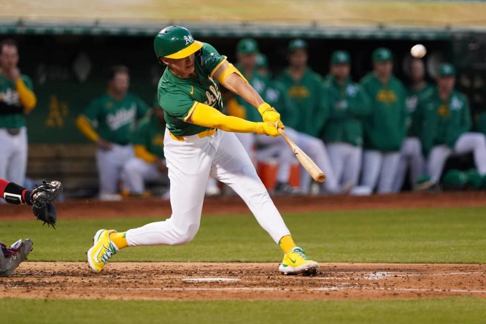 Zack Gelof of the Oakland Athletics flies out in the third inning against the Boston Red Sox at Oakland Coliseum on Tuesday, April 2, 2024, in Oakland, California.