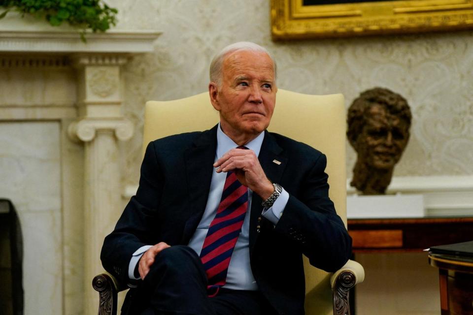 PHOTO: President Joe Biden reacts to questions from reporters during a meeting with NATO Secretary General Jens Stoltenberg in the Oval Office of the White House, June 17, 2024, in Washington. (Elizabeth Frantz/Reuters)