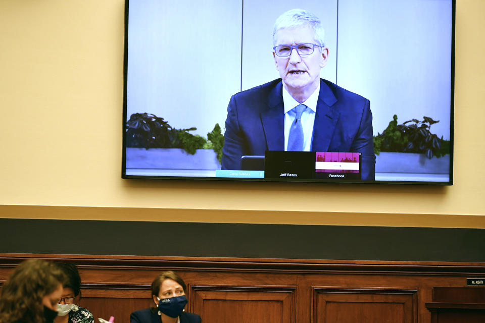 Apple CEO Tim Cook testifies remotely during a House Judiciary subcommittee on antitrust on Capitol Hill on Wednesday, July 29, 2020, in Washington. (Mandel Ngan/Pool via AP)