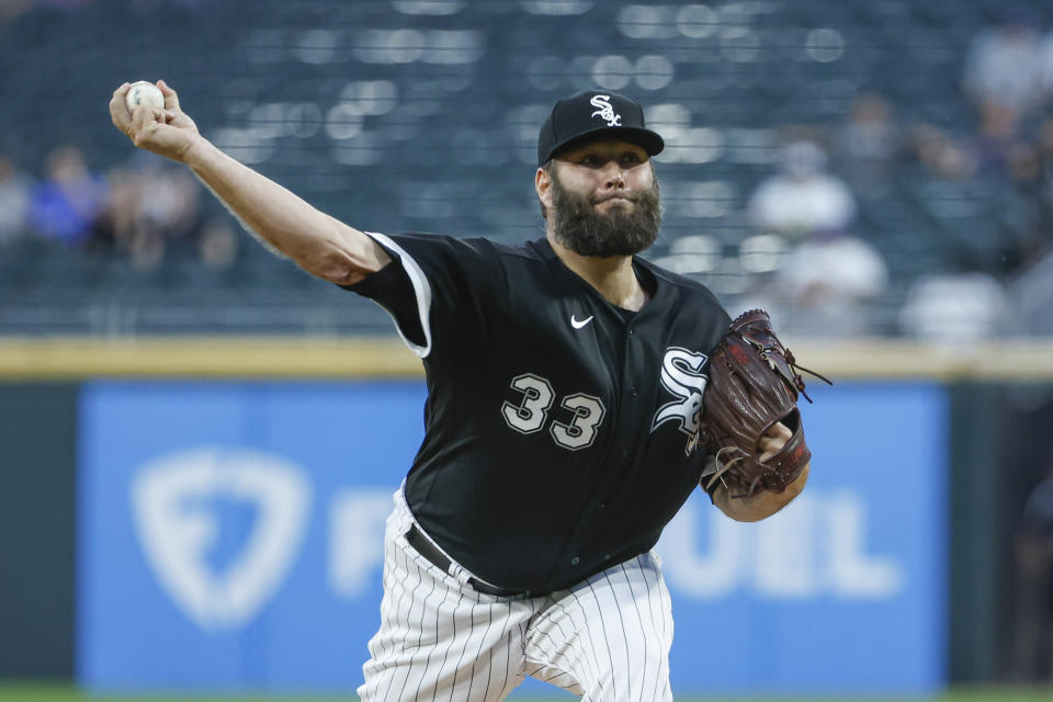 Chicago White Sox starting pitcher Lance Lynn delivers against the Kansas City Royals during the first inning of a baseball game Wednesday, Aug. 31, 2022, in Chicago. (AP Photo/Kamil Krzaczynski)