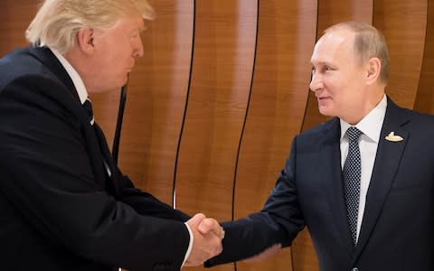 US President Donald Trump shaking hands with Russian President Vladimir Putin during the G20 summit in Germany, 2017 - Credit:  STEFFEN KUGLER