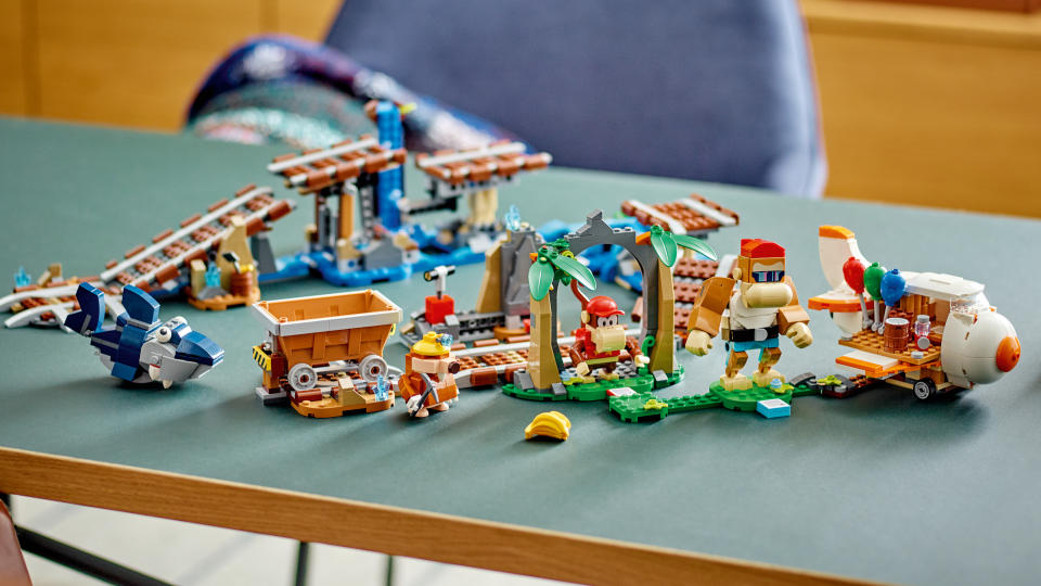 Lego Diddy Kong's Mine Cart Ride set up on a table