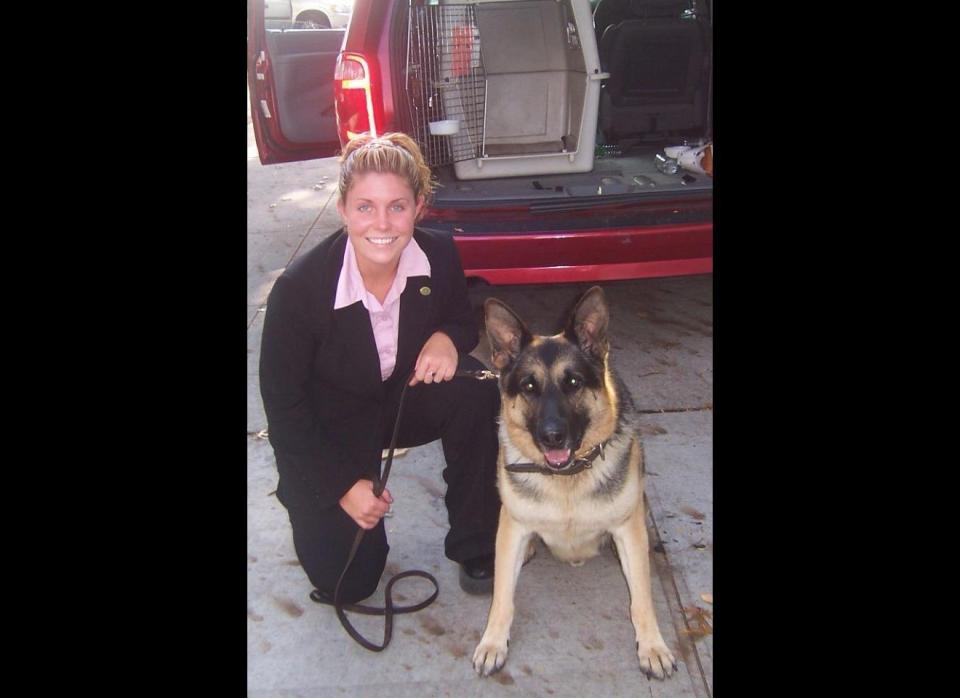 After completing more than 100 missions with her beloved German shepard, Rex, former Marine Cpl. <a href="http://www.dailymail.co.uk/news/article-2117461/Reunited-The-Iraq-hero-allowed-adopt-death-row-dog-year-battler-ownership.html" target="_hplink">Megan Leavey, 28, was determined to adopt her military dog</a>, the <em>Daily Mail</em> reports. The Rockport, NY., native campaigned for five years and finally got to take Rex home in March. "Rex is my partner," <a href="http://usnews.msnbc.msn.com/_news/2012/03/09/10626495-marine-and-dog-bonded-by-war-divided-by-red-tape " target="_hplink">Leavey told MSNBC.</a> "I love him."