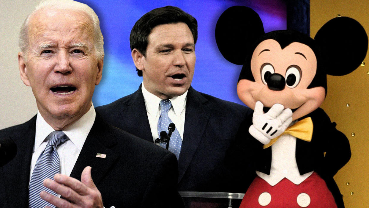 President Biden, Florida Gov. Ron DeSantis and Mickey Mouse. (Photo illustration: Yahoo News; photos: Evan Vucci/AP, John Raoux/AP, Charles W. Luzier/Reuters)
