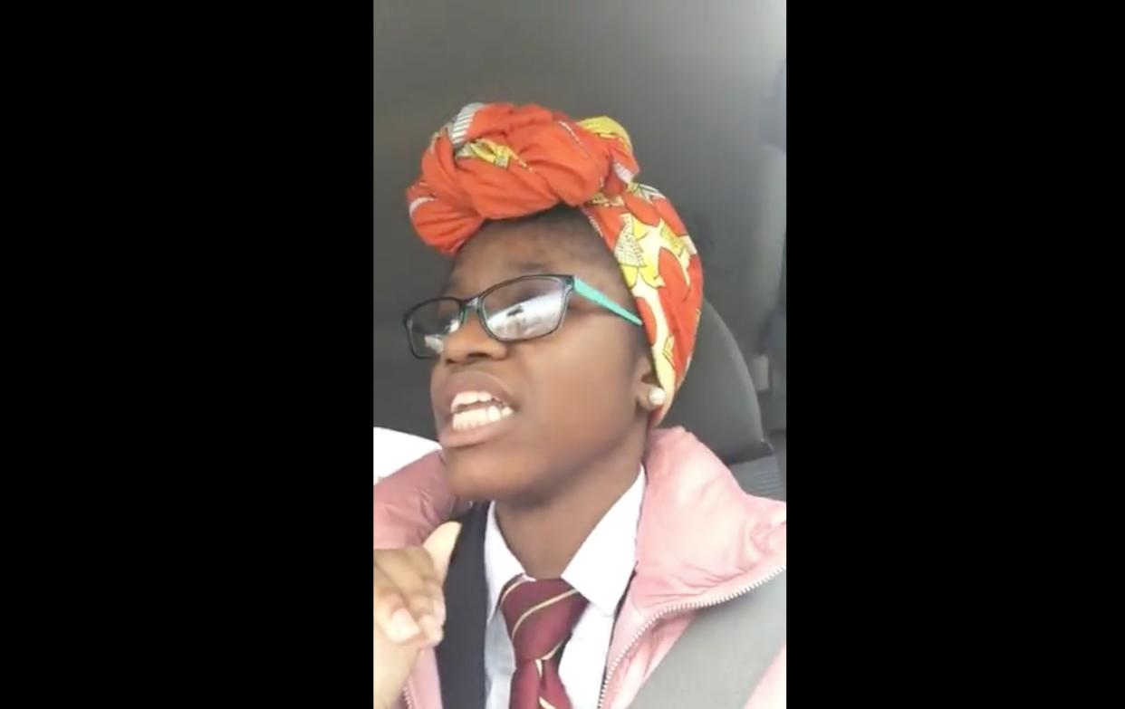 Geniah Miller, 17, a New Jersey high school senior wasn’t allowed to wear her Nigerian headscarf for Black History Month. (Image: Chioma Sullivan via Facebook)