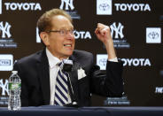 New York Yankees broadcaster John Sterling answers questions from reporters during a baseball press conference before a retirement ceremony at Yankee Stadium in New York, Saturday, April 20, 2024. (AP Photo/Noah K. Murray)