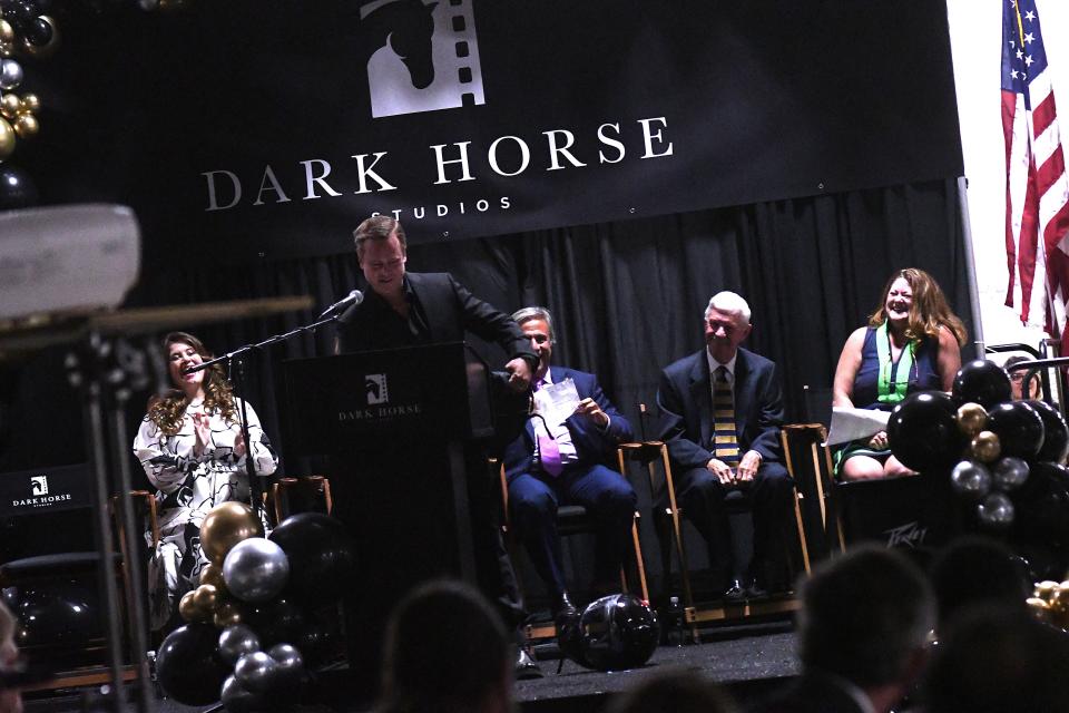 Kirk Englebright, founder and CEO of Dark Horse Studios, talks to the crowd that came out as Dark Horse Studios held a groundbreaking event on a massive expansion that will double the size of the studio and enable it to accommodate twice as many productions annually.