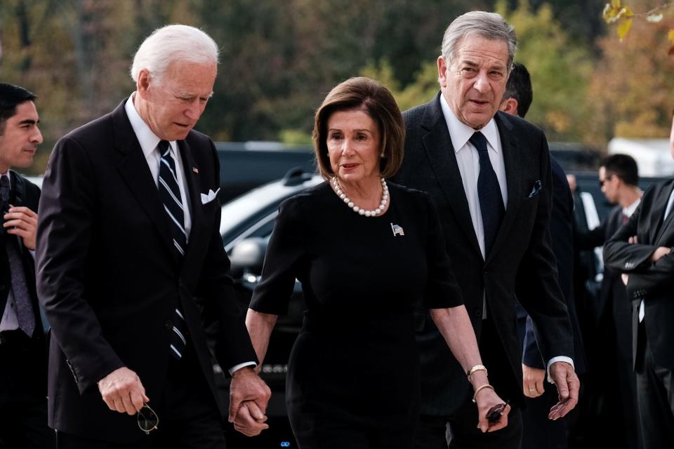 Speaker of the House Nancy Pelosi and her husband Paul Pelosi arrive for the funeral service for late US Representative Elijah Cummings on October 25, 2019.