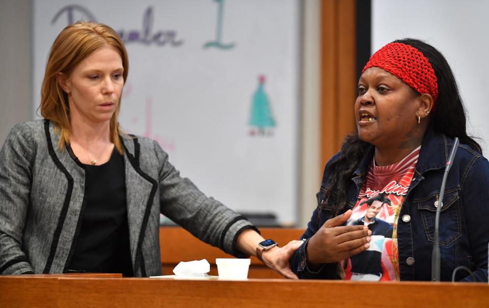 Prosecutor Megan Leaf, left, tries to calm Arteayia Howard as she testifies about the loss of her son, Le'Quavious Claridy. Darion Lee was found guilty in July 2023 for murder in the second degree with a firearm and attempted murder in the first degree in connection to the 2019 shooting that killed Le'Quavious Claridy and wounded then 17-year old Sas Young