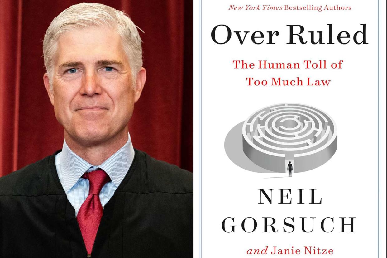 <p>ERIN SCHAFF/POOL/AFP via Getty; HarperCollins</p> Associate Justice Neil Gorsuch and the cover of 