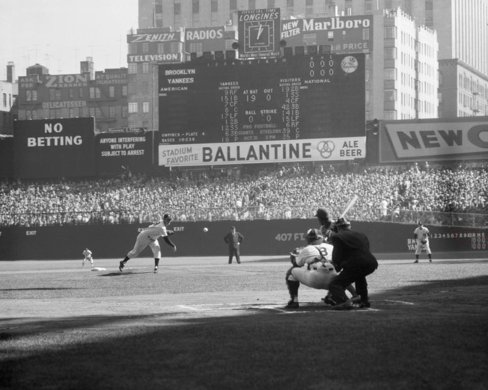 Larsen delivers a pitch during his perfect game. What an incredible photo. (Bettmann Archives/Getty Images)