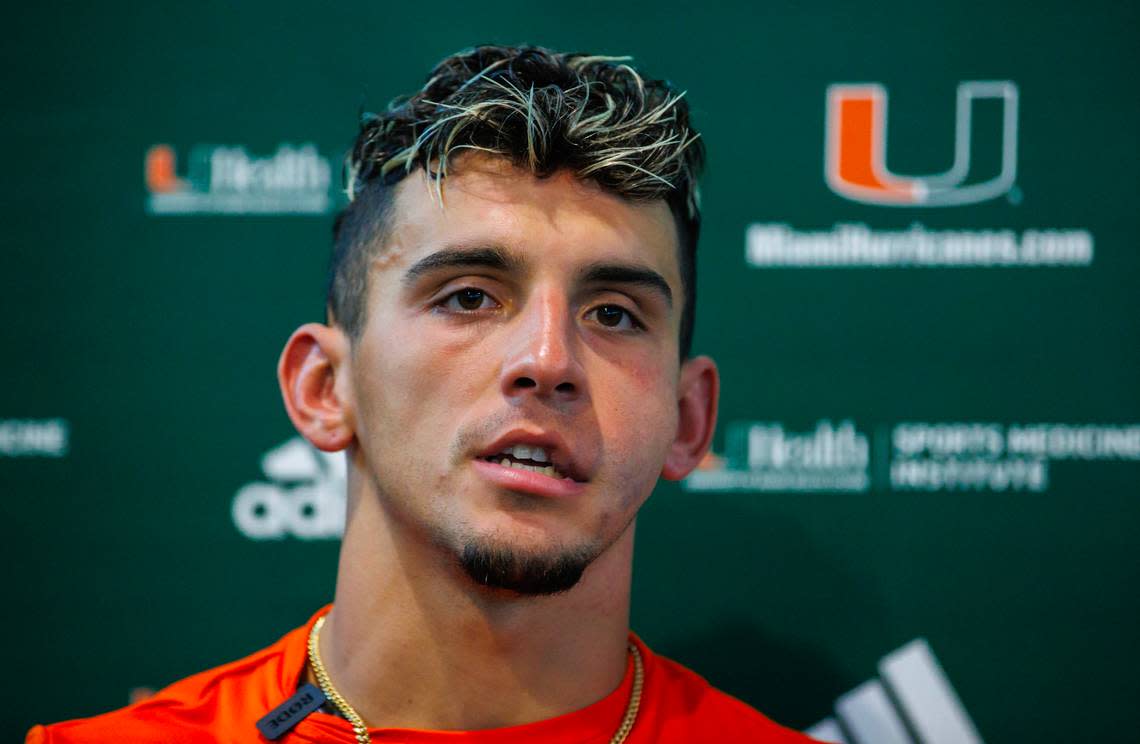 Miami Hurricanes wide receiver Xavier Restrepo (7) speaks with the media after fall training camp at the Carol Soffer Indoor Practice Facility at the University of Miami on Wednesday, August 2, 2023 in Coral Gables, Florida.