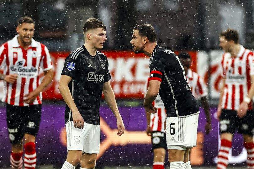 Anton Gaaei of Ajax, Jordan Henderson of Ajax during the Dutch Eredivisie match between Sparta Rotterdam and Ajax at Sparta Stadion Het Kasteel on March 17, 2024 in Rotterdam, Netherlands. ANP PIETER STAM DE JONGE