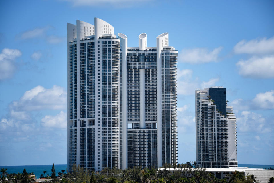 General view of Trump Royale, Trump Palace and Trump International Beach Resort in  Sunny Isles, Florida, on April 3, 2018. / Credit: MICHELE EVE SANDBERG/AFP via Getty Images