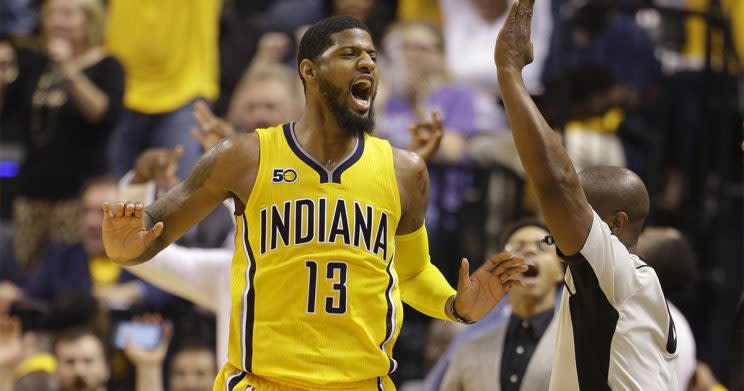 Indiana Pacers’ Paul George was traded. But not where everyone thought he was going. (AP Photo/Michael Conroy)