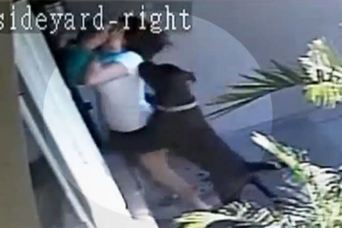 The woman was seen shielding her son as the dogs unleashed their attack. Photo: KTLA News