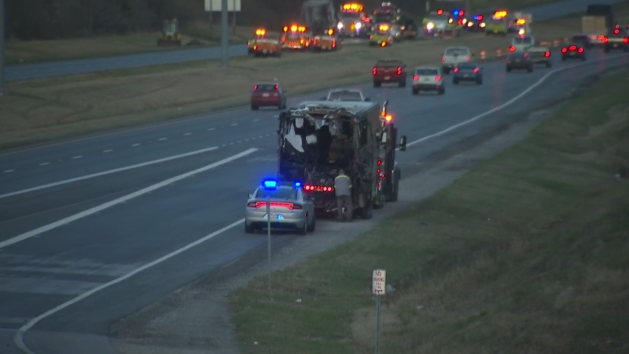 The bus in the Interstate 70 crash in Licking County, Ohio, on Nov. 14, 2023, seen hours later (NBC4)