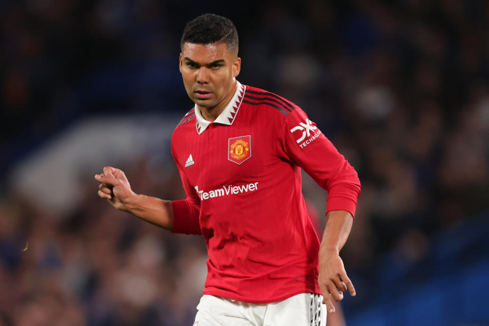 LONDON, ENGLAND - OCTOBER 22:  Casemiro of Manchester United during the Premier League match between Chelsea FC and Manchester United at Stamford Bridge on October 22, 2022 in London, United Kingdom. (Photo by Marc Atkins/Getty Images)