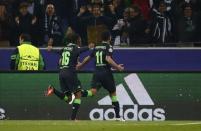 Football Soccer - Borussia Mönchengladbach v Manchester City - UEFA Champions League Group Stage - Group C - Stadion im Borussia-Park, Mönchengladbach, Germany - 23/11/16 Borussia Monchengladbach's Raffael celebrates scoring their first goal with Ibrahima Traore Reuters / Wolfgang Rattay Livepic