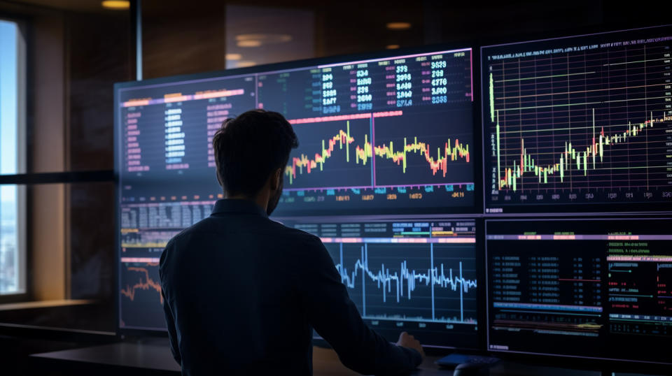 A financial analyst looking at various charts and graphs, analyzing data from the stock market.