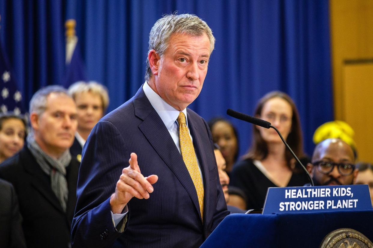 Mayor Bill de Blasio speaks during a press conference at PS 130 to announce meatless Mondays at all NYC schools on March 11, 2019.