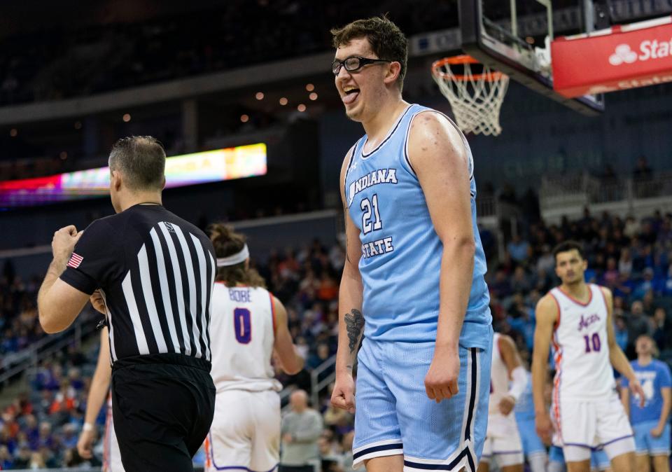 Indiana State's Robbie Avila (21) reacts after being fouled as the University of Evansville Purple Aces play the Indiana State Sycamores at Ford Center in Evansville, Ind., Wednesday, Feb. 28, 2024.