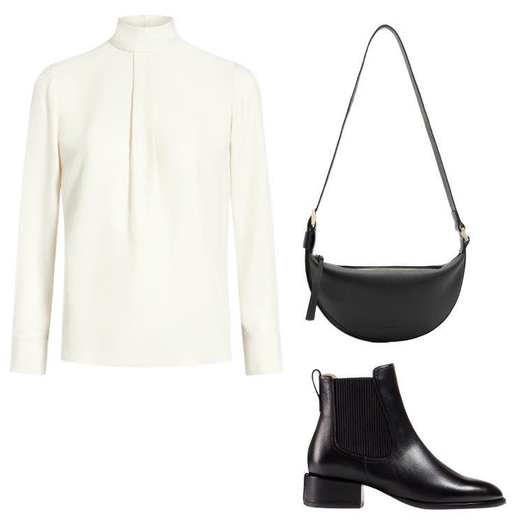 Silk blouse, £135 (was £270) Cefinn cefinn.com Black leather Gem boots £380 (were £540) Dear Frances dearfrances.comHalf-moon leather crossbody bag, £127.50 (was £159) All Saints allsaints.com