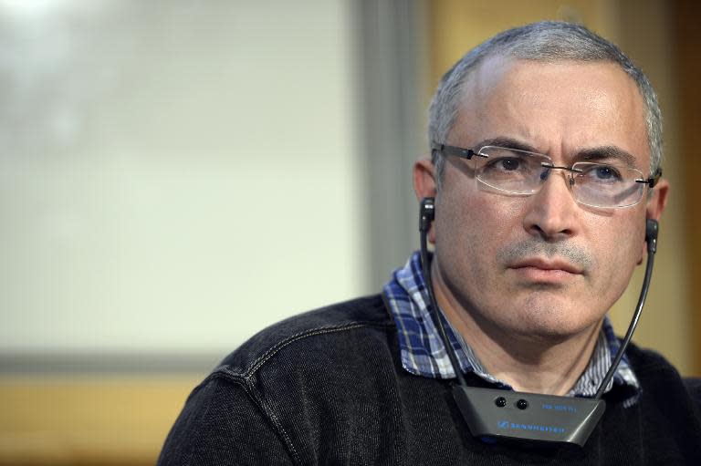 Exiled Russian ex-billionaire and Kremlin opponent Mikhail Khodorkovsky looks on after delivering a lecture at the Paris Institute of Political Studies (Institut d'etudes politiques de Paris or Sciences Po), in Paris on October 29, 2014