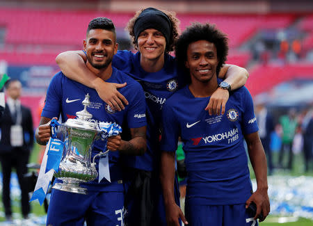 Soccer Football - FA Cup Final - Chelsea vs Manchester United - Wembley Stadium, London, Britain - May 19, 2018 Chelsea's David Luiz, Willian and Emerson Palmieri celebrate winning the final with the trophy Action Images via Reuters/Andrew Couldridge