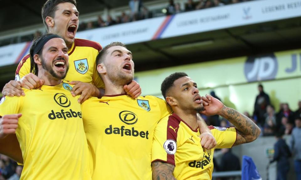 Andre Gray and Burnley celebrate their second goal.