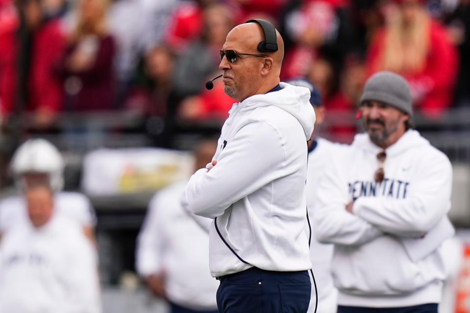 Oct 21, 2023; Columbus, Ohio, USA; Penn State Nittany Lions head coach James Franklin watches during the NCAA football game against the Ohio State Buckeyes at Ohio Stadium.