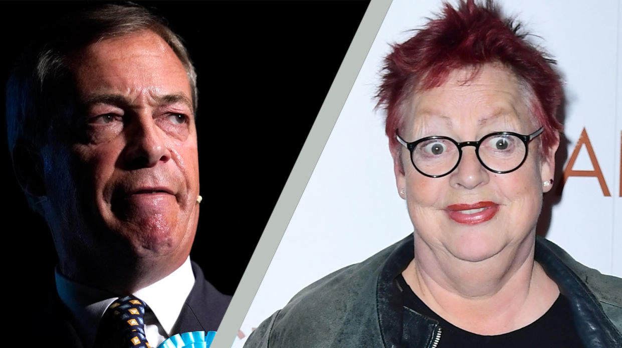 Nigel Farage has accused Jo Brand of inciting violence following a joke she made on the radio (Credit: Getty Images/PA)