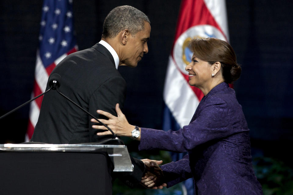 President Barack Obama and Costa Rica's President Laura Chinchilla shake hands at the end of their joint press conference in San Jose, Costa Rica, Friday, May 3, 2013.