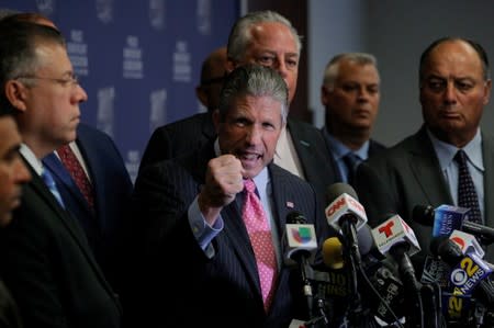 Patrick Lynch, president of the Patrolmen's Benevolent Association of New York City, speaks during a news conference in New York