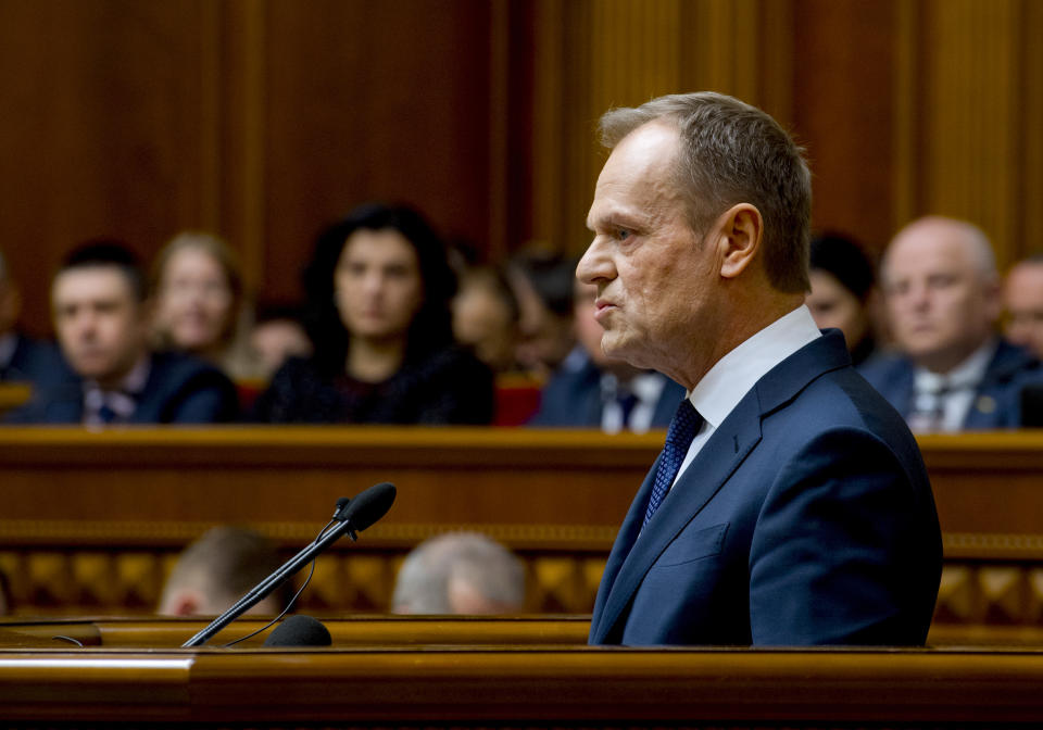 European Council President Donald Tusk address to Ukrainian parliament in Kiev, Ukraine, Tuesday, Feb. 19, 2019. (Mykola Lazarenko Presidential Press Service Pool Photo via AP)