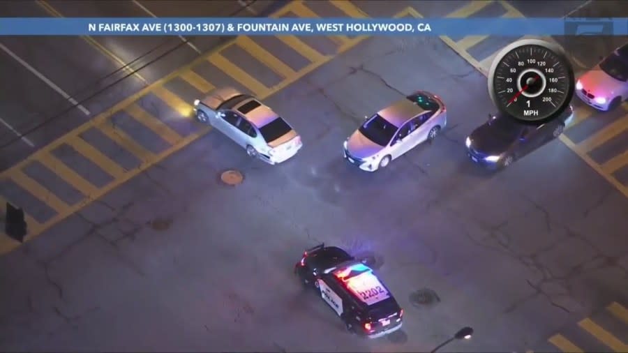 A suspect in a stolen vehicle was arrested after a dangerous pursuit through the streets of West Hollywood and downtown Los Angeles on March 29, 2024. (KTLA)