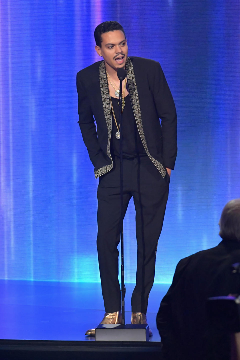 LOS ANGELES, CA - NOVEMBER 19:  Evan Ross speaks onstage during the 2017 American Music Awards at Microsoft Theater on November 19, 2017 in Los Angeles, California.  (Photo by Lester Cohen/WireImage)