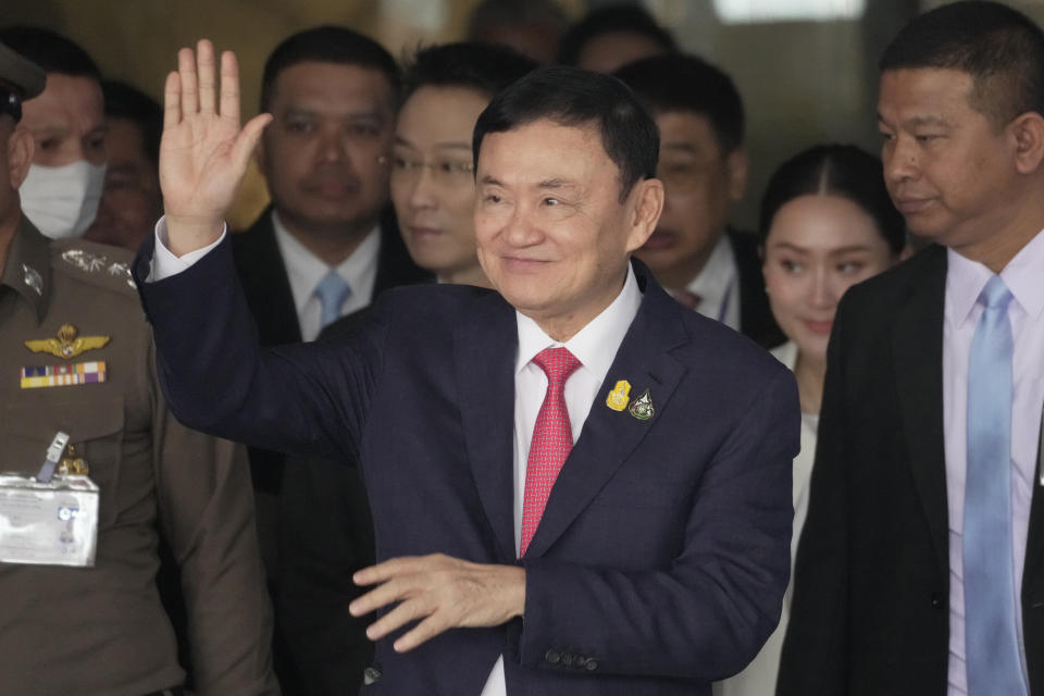 FILE - Former Prime Minister Thaksin Shinawatra, arrive Don Muang airport in Bangkok, Thailand, on Aug. 22, 2023. Thaksin, who last year returned from more than a decade of self-imposed exile to serve a prison sentence for misdeeds committed while in office, has been granted parole and could be released this weekend, the country’s justice minister announced Tuesday, Feb. 13, 2024. (AP Photo/Sakchai Lalit, File)