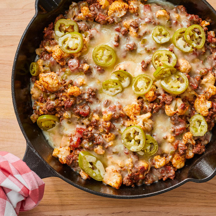 <p>Ground beef and cauliflower combine to create a hearty weeknight casserole that both kids and adults will love. Serve with tortilla chips and sour cream. <a href="https://www.eatingwell.com/recipe/7919044/cheesy-ground-beef-cauliflower-casserole/" rel="nofollow noopener" target="_blank" data-ylk="slk:View Recipe;elm:context_link;itc:0" class="link ">View Recipe</a></p>