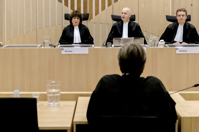 (From left) Judges Elianne van Rens, Henry Stone House and Sijbrand Wreath talk before rendering the verdict in the criminal case against populist Dutch MP Geert Wilders at Schiphol in the Netherlands, on December 9, 2016