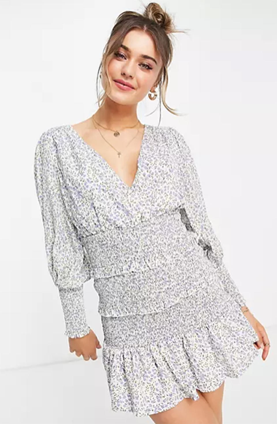 Sisters Of The Tribe long-sleeved frill mini dress in floral, $76 from ASOS. Photo: ASOS.