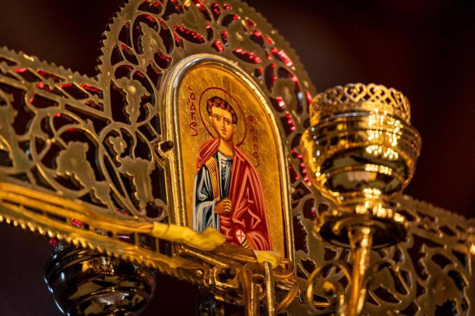 The chandelier inside Christ the Savior Orthodox Cathedral in Miami Lakes depicting a religious icon. Orthodox Christianity has practices and beliefs that have remained unchanged for over 1000 years.