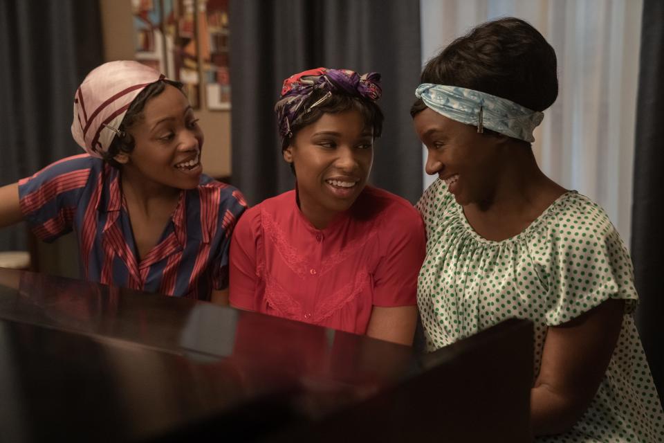 Hailey Kilgore stars as Carolyn Franklin, Jennifer Hudson as Aretha Franklin and Saycon Sengbloh as Erma Franklin in "Respect."