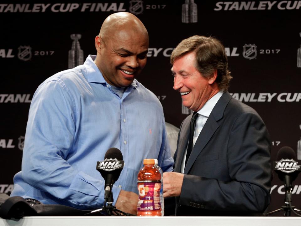 Hockey legend Wayne Gretzky, right, says a push from his friend, NBA Hall of Famer Charles Barkley, help push him into a broadcasting career.